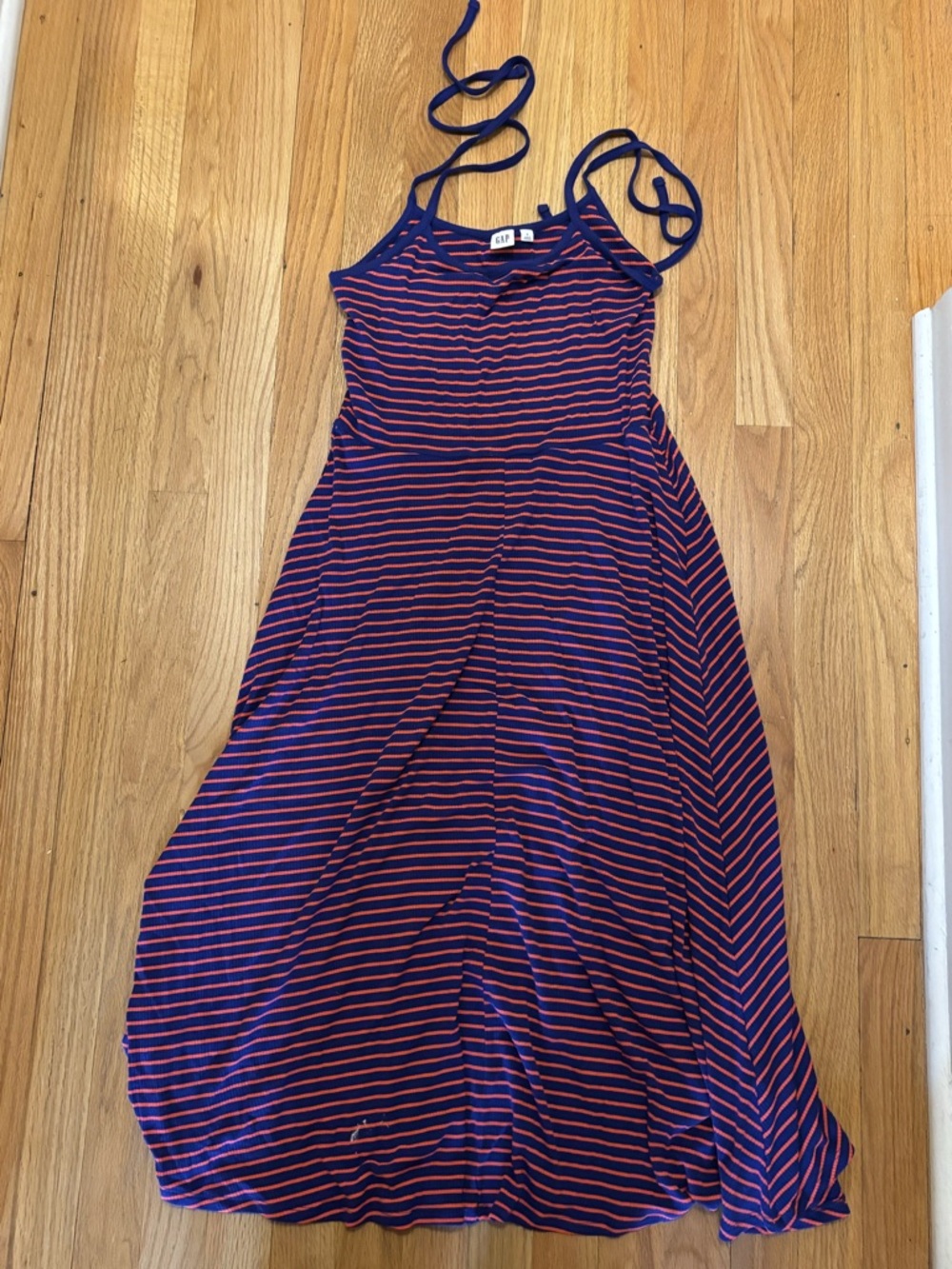 Striped Navy & red mid length Dress with Thin Straps. Gap.